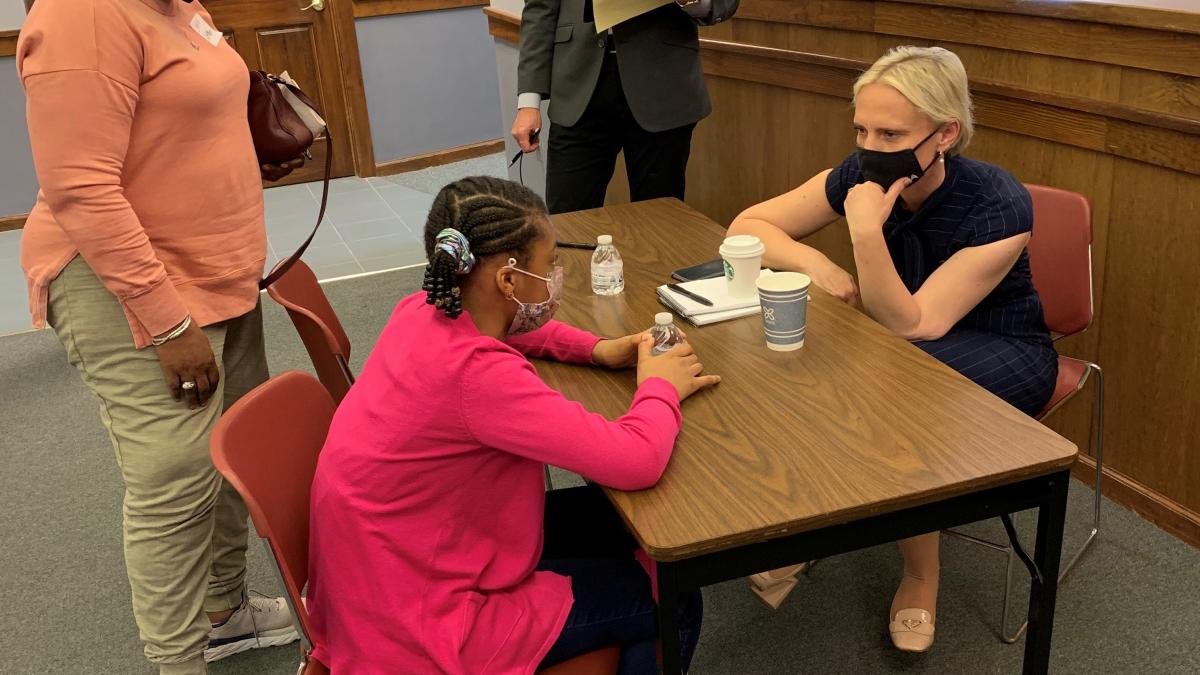 Chatting with little girl at Gas City listening session