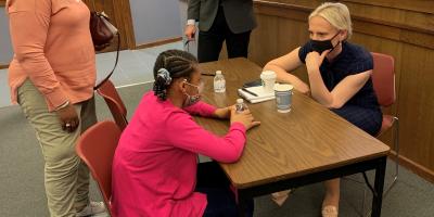 Chatting with little girl at Gas City listening session